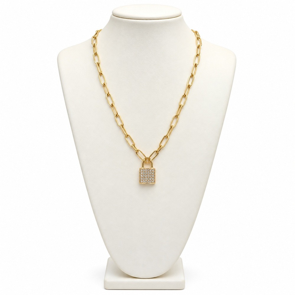 Gold Tone Paperclip Chain Necklace Pave Crystal Encrusted Lock Pendant 16-19in
